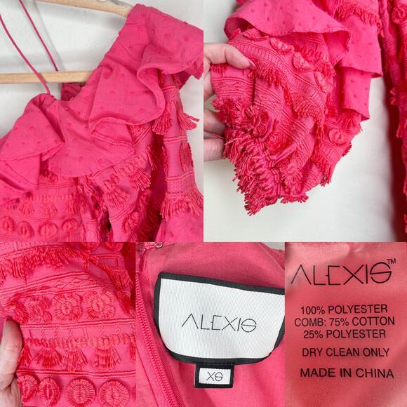 Alexis Calypso Ruffled Off Shoulder Rouge Coral Pink Embroidered Mini Dress XS - Picture 12 of 16
